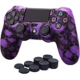 YoRHa Water Transfer Printing Skull Silicone Cover Skin Case for Sony PS4/slim/Pro Dualshock 4 Controller x 1(Purple) with Pro Thumb Grips x 8