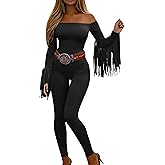 KWSTAIN Off The Shoulder Jumpsuit Fall Western Cowgirl Outfits Long Sleeve Fringe One Piece Romper For Women With Pockets