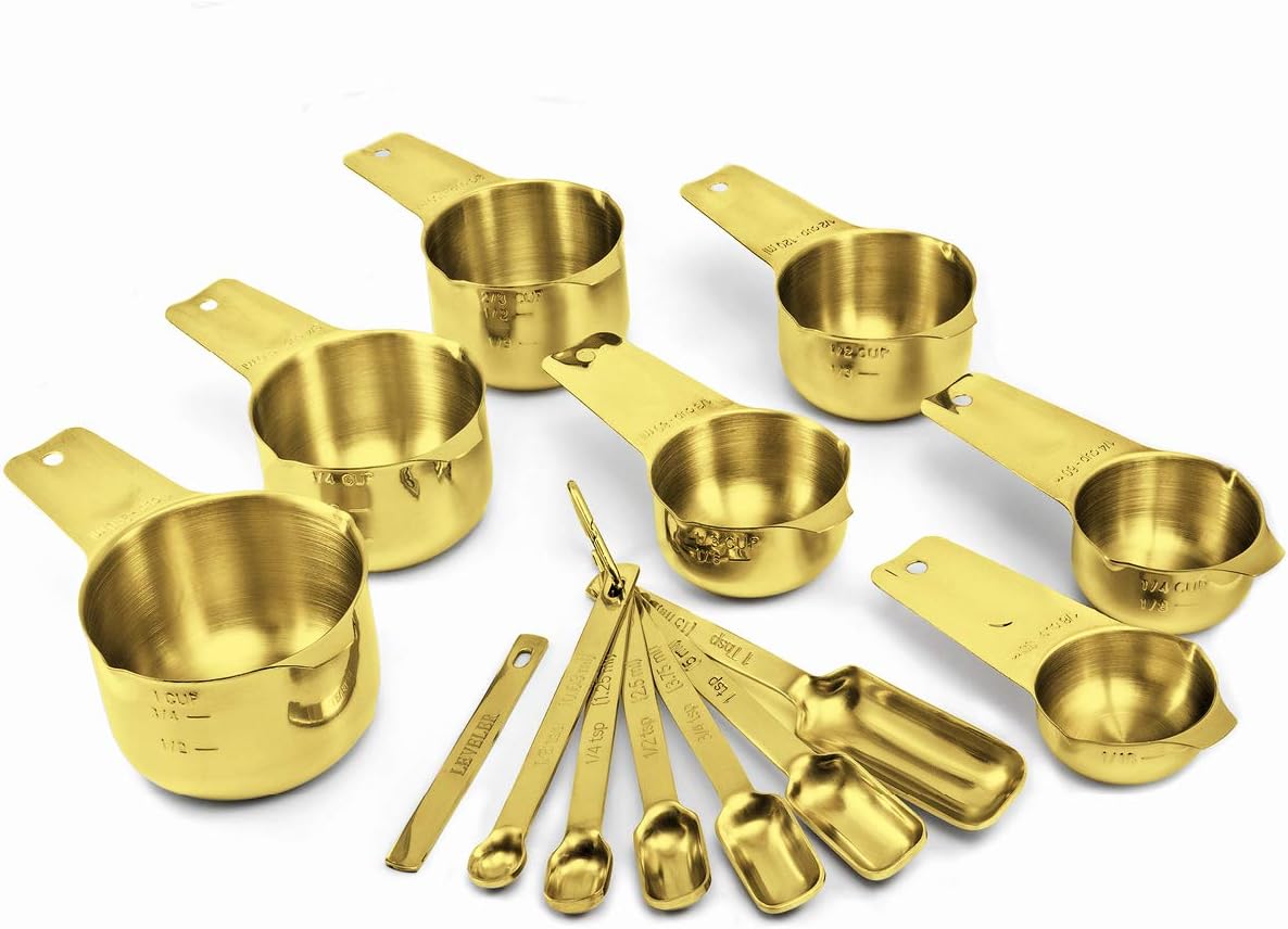 2lbDepot Gold Measuring Cups & Spoons Set of 14, Premium Stainless Steel Metal, 7 Accurate Measuring Cups, 6 Measuring Spoons +1 Leveler, Nesting, Dry & Liquid Ingredients for Kitchen Baking & Cooking