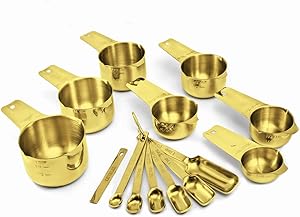 2lbDepot Gold Measuring Cups & Spoons Set of 14, Premium Stainless Steel Metal, 7 Accurate Measuring Cups, 6 Measuring Spoons +1 Leveler, Nesting, Dry & Liquid Ingredients for Kitchen Baking & Cooking