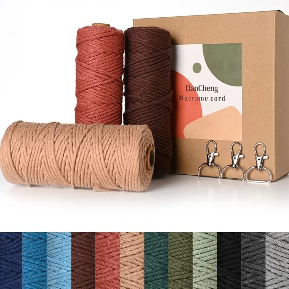 HanCheng 60m x 3mm Colourful Macrame Cord Gradient Colour 3-piece Set,Coloured Macrame Kit with 3 Keyrings—Morandi:Coffee,Rust Red,Brick Red