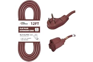 HONDERSON Flat Plug Indoor Extension Cord, UL Listed, 16 Gauge 12FT Brown 3 Prong Heavy Duty Extension Cord, 16/3 SJTW 13A Po