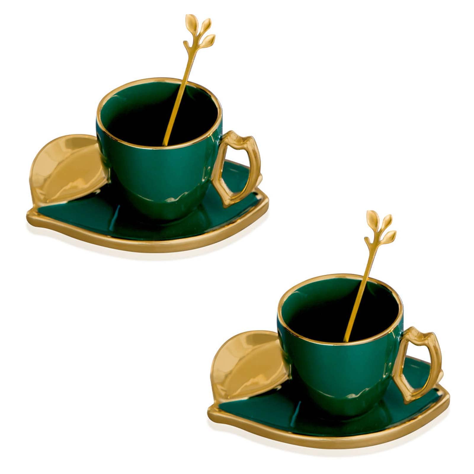 Winlauyet Set of 2 Porcelain Cups Leaf-Shape Handle Espresso Cup with Saucers and Spoon Coffee Tea Cup - 165 ml/5.58 oz