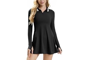 ECUPPER Womens Long Sleeve Tennis Dress Workout Athletic Golf Dresses Polo Outfits with Shorts & Thumbholes