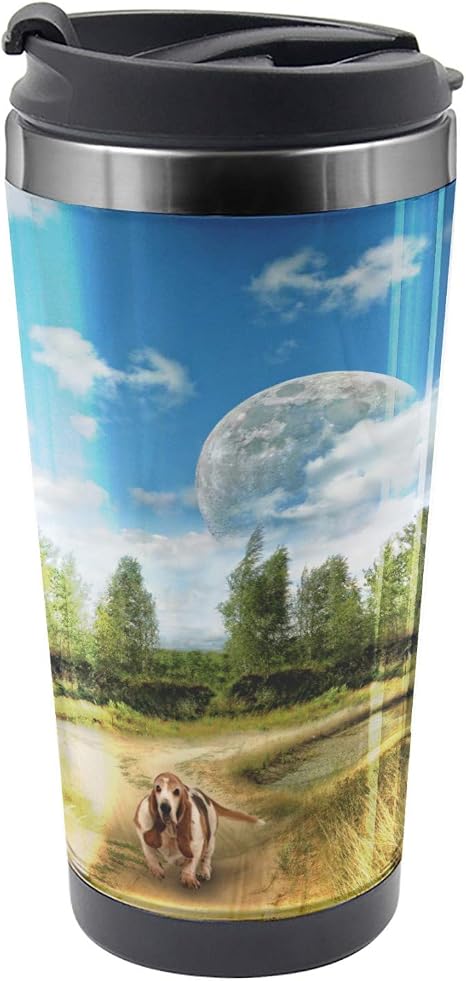 Amazon Com Ambesonne Basset Hound Travel Mug Running Dog Trees Sky Steel Thermal Cup 16 Oz Multicolor Kitchen Dining