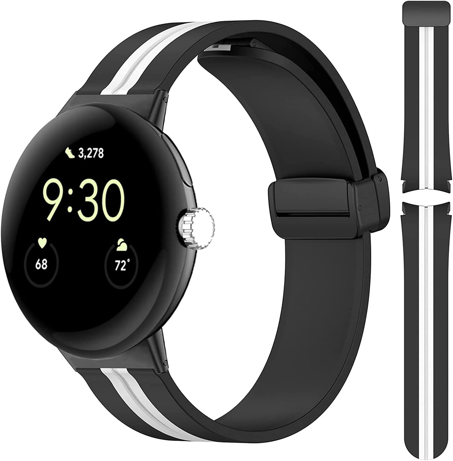 Miimall Strap for Google Pixel Watch 2/ Pixel Watch, [No Gap] [Magnetic Folding Buckle] Soft Silicone Sports Band Lightweight Waterproof Replacement Wristband Strap for Pixel Watch (Black+White)