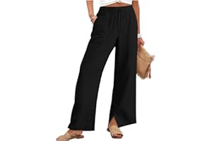 Women's Linen Pants Summer Wide Leg High Waisted Flowy Palazzo Pants Loose Fit Beach Travel Trousers with Pockets