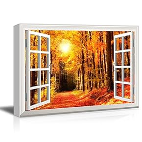 3D Visual Effect View Through Window Frame Canvas Wall Art - Quiet Lane in The Forest with Red Trees in Autumn - Giclee Print Gallery Wrap Modern Home Art Ready to Hang - 12x18 inches