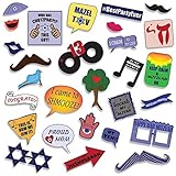 Bar Mitzvah Photo Booth Props - DIY Kit: Banners, Signs, Glasses, Mustaches, Jewish Phrases, Etc - Boy, Scrapbook or Party Favors Idea - Decorations Supplies - 26 pcs for Multiple Booths