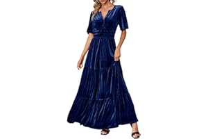 Amegoya Women's Velvet Short Sleeve V Neck Formal Wedding Guest Maxi Dresses Fall Evening Party Long Dresses