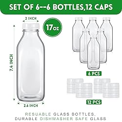 Peryiter 6 Pcs Glass Milk Bottle with Lid Reusable