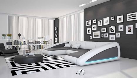 Wohn-Landschaft XXL mit LED-Beleuchtung in grau/weiß 355x200 cm U-Form | Sanassi-U | Design Couch-Garnitur XXL aus Kunstleder