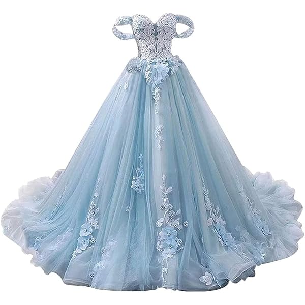 Amazon.com: Ball Gown Tulle Off-The-Shoulder Sleeveless Applique  Sweep/Brush Train Quinceanera Dresses Sky Blue: Clothing, Shoes & Jewelry