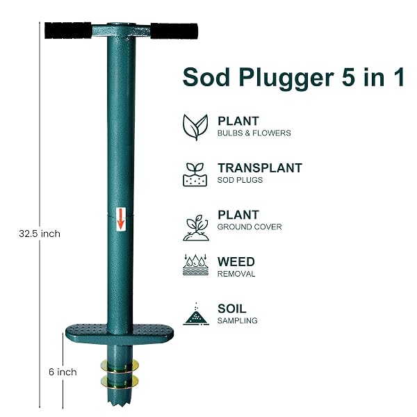 RONDAUNO SOD PLUGGER BULB PLANTER PLANTING TOOL, EASY TO ASSEMBLE GARDEN TRASNPLANTER WITH SERRATED BASE FOR PLANTING GRASS PLUG FOR DIGGING HOLES TULIPS, DAFFODILS, IRIS