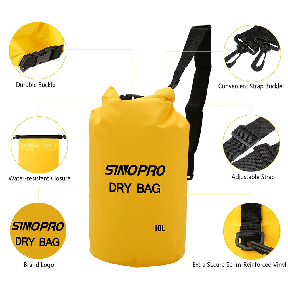 SinoPro Waterproof Dry Bags + Waterproof Waist Pouch, Perfect for Kayaking / Boating / Canoeing / Fishing / Rafting / Swimming / Camping / Snowboarding (Yellow, 10L)