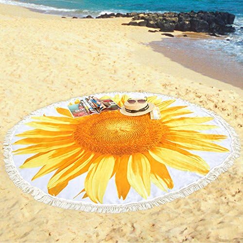 LaMarre Indian Mandala Microfiber Large Round Beach Towel Blanket with Tassels Ultra Soft Super Water Absorbent Multi-Purpose Towel 63 inch Across(08 Sunflower)