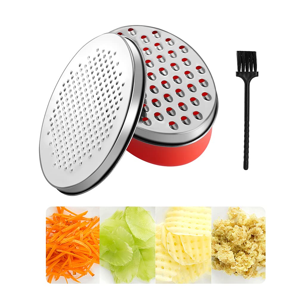 Cheese Grater with Container and Lid, Stainless Steel Box Grater with Storage Container, Grater with 2 Coarse and Fine Grater Plates, Kitchen Grater for Vegetable Cheese Chocolate Lemon (Red)