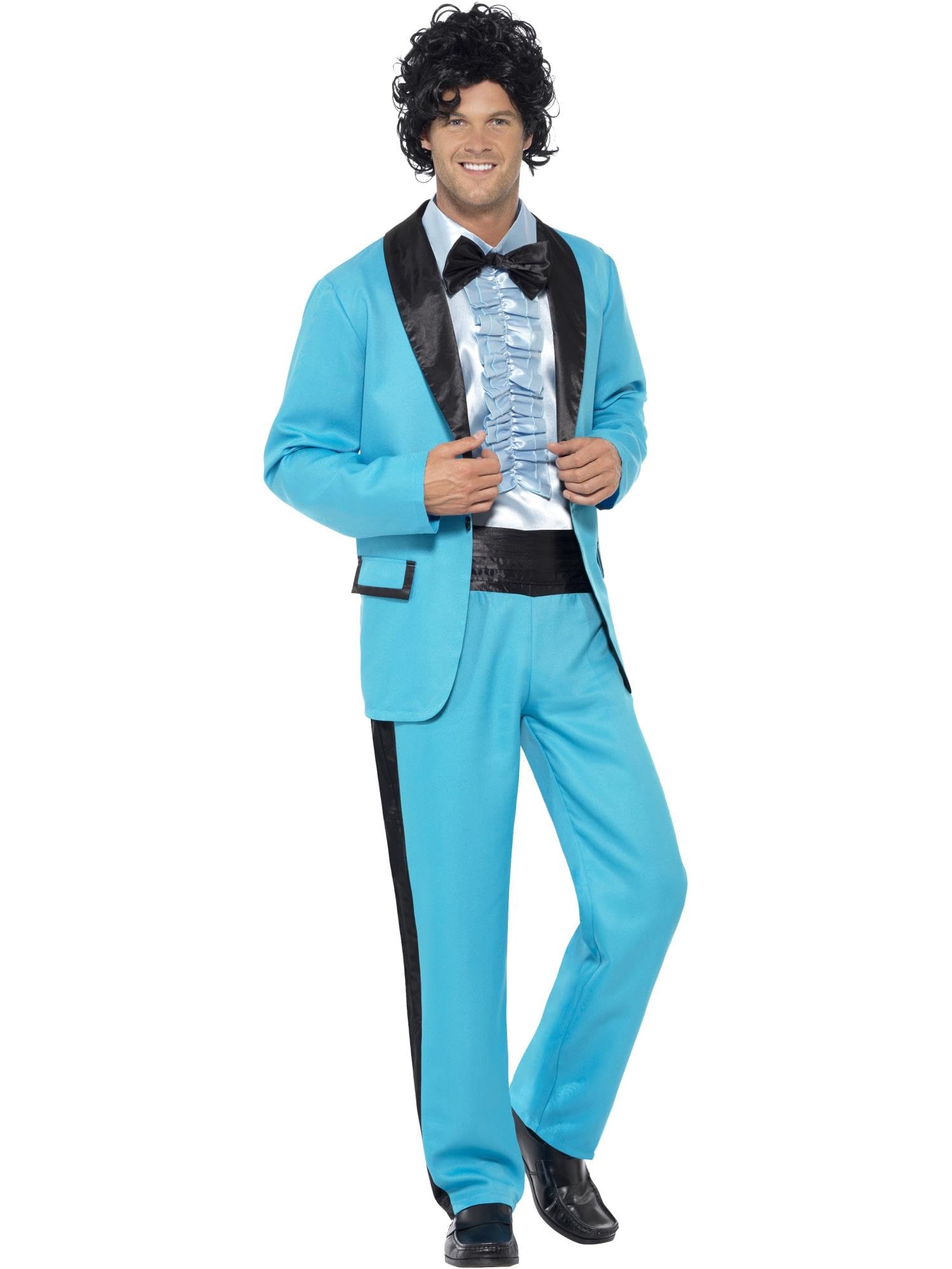 Smiffys 80s Prom King Costume, Blue with Jacket, Trousers and Mock Tuxedo Shirt, 1980's Fancy Dress, 1980s Dress Up Costumes