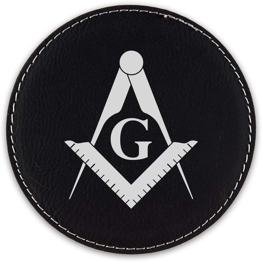Freemasonry Emblem Drink Coaster Leatherette Round Coasters Freemason Masonic - Black Silver - Set of Six Round Coasters