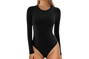MANGOPOP Women's Crew Neck Short Sleeve Bodysuit Long Sleeve Body Suit T Shirts Basic Slim Fitted Tops