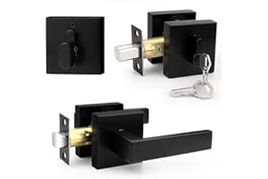 Probrico Flat Black Passage Door Lever with Single Cylinder Deadbolts Combo Pack, Modern Square Lock Set Handleset,Exterior Handle and Set,Exterior