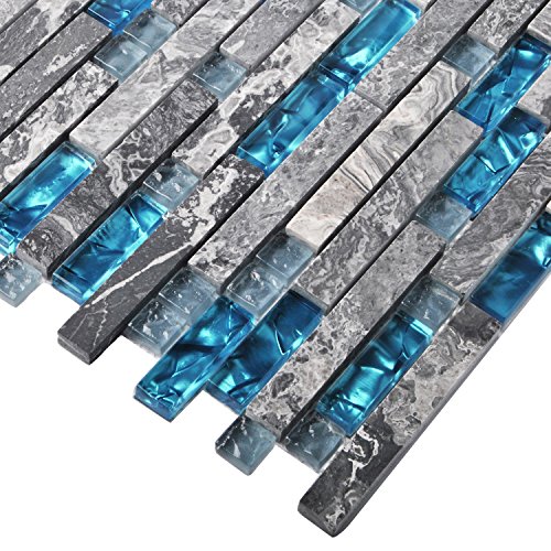 Home Building Glass Tile Kitchen Backsplash Idea Bath Shower Wall Decor Teal Blue Gray Wave Marble Interlocking Pattern Art Mosaics TSTMGT002 (10 Square Feet)