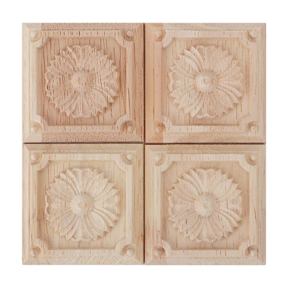 Wifehelper 4Pcs Carving Checkered Applique Unpainted Decal for Furniture Decoration Natural Wood Appliques Square Flower Carving Decals Decorative Wooden Craft 6x6cm(3#)