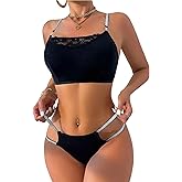 OYOANGLE Women's Glitter Strappy Lingerie Set Floral Lace Wireless Bra with Cut Out String Thongs Sleepwear Sets