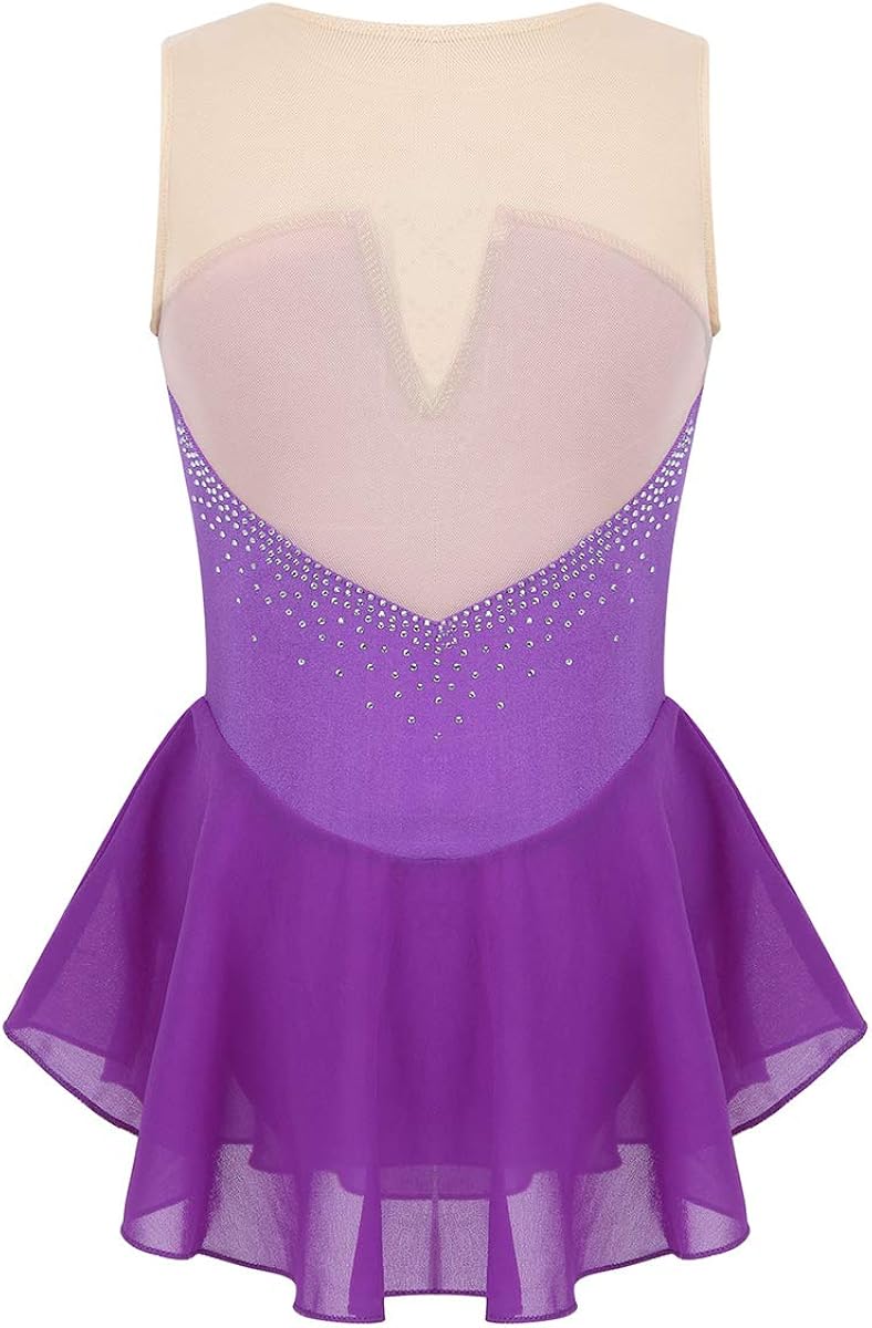JEATHA Kids Girls Shiny Rhinestone Ballet Costume Sleeveless Splice Ice Skating Dress Gymnastic Leotard Skirt: Clothing