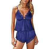 Kolagri Sexy Satin Pajama Set for Women Lace Lingerie Bow Ties Slip Sleepwear Cami Shorts Set Nightwear S-XXL
