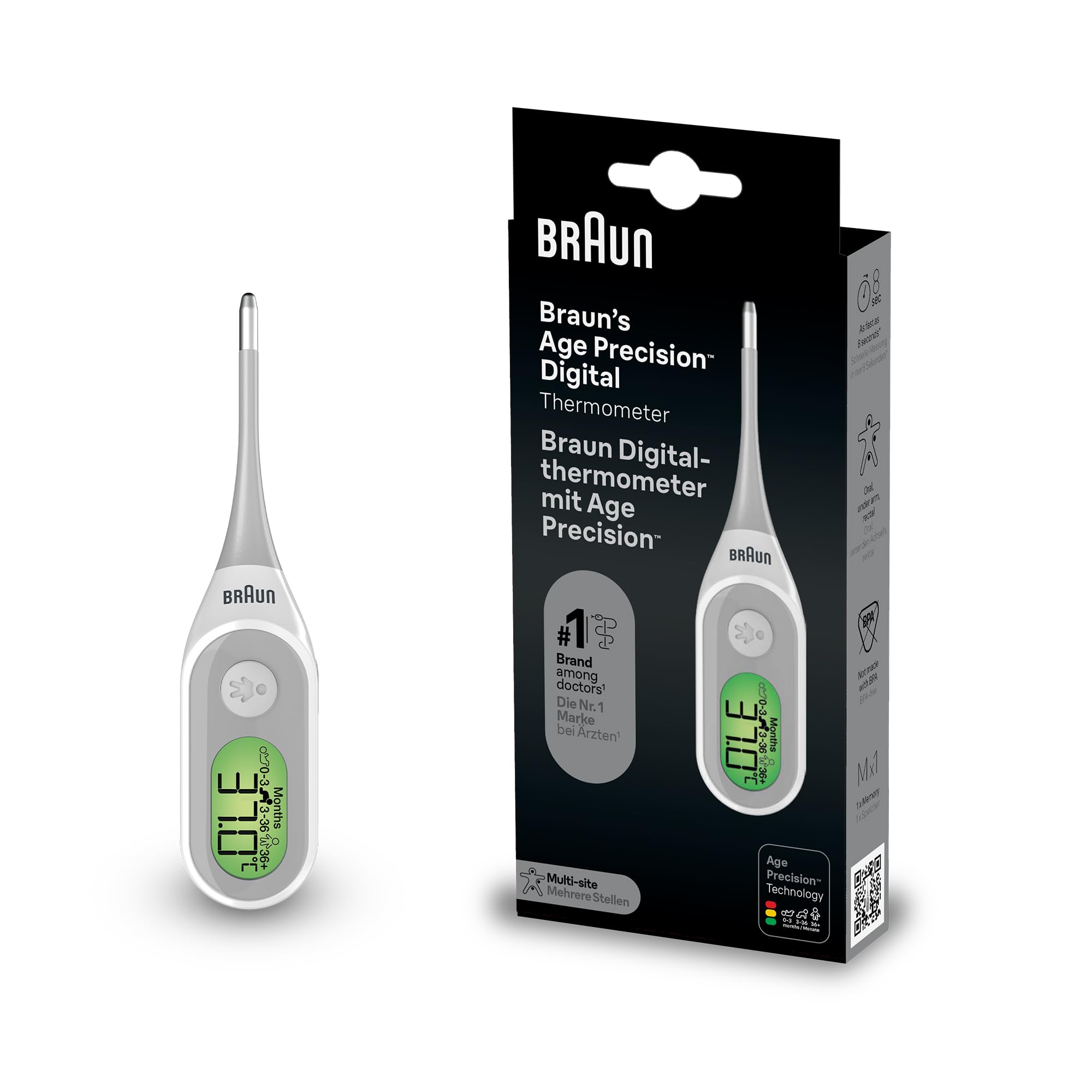 Braun Age Precision Digital thermometer - Digital Stick for Multi-Site Usage - Orally, Rectally or Underarm - Baby and Infant Friendly - #1 Brand among doctors(1) - PRT2000