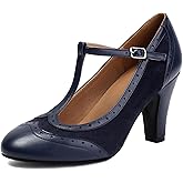 graceretro Women's Mary Jane Wingtip Rockability Oxford Close Round Toe Vintage 1950s Heels T-Straps Retro 1920s Victorian Pumps Shoes