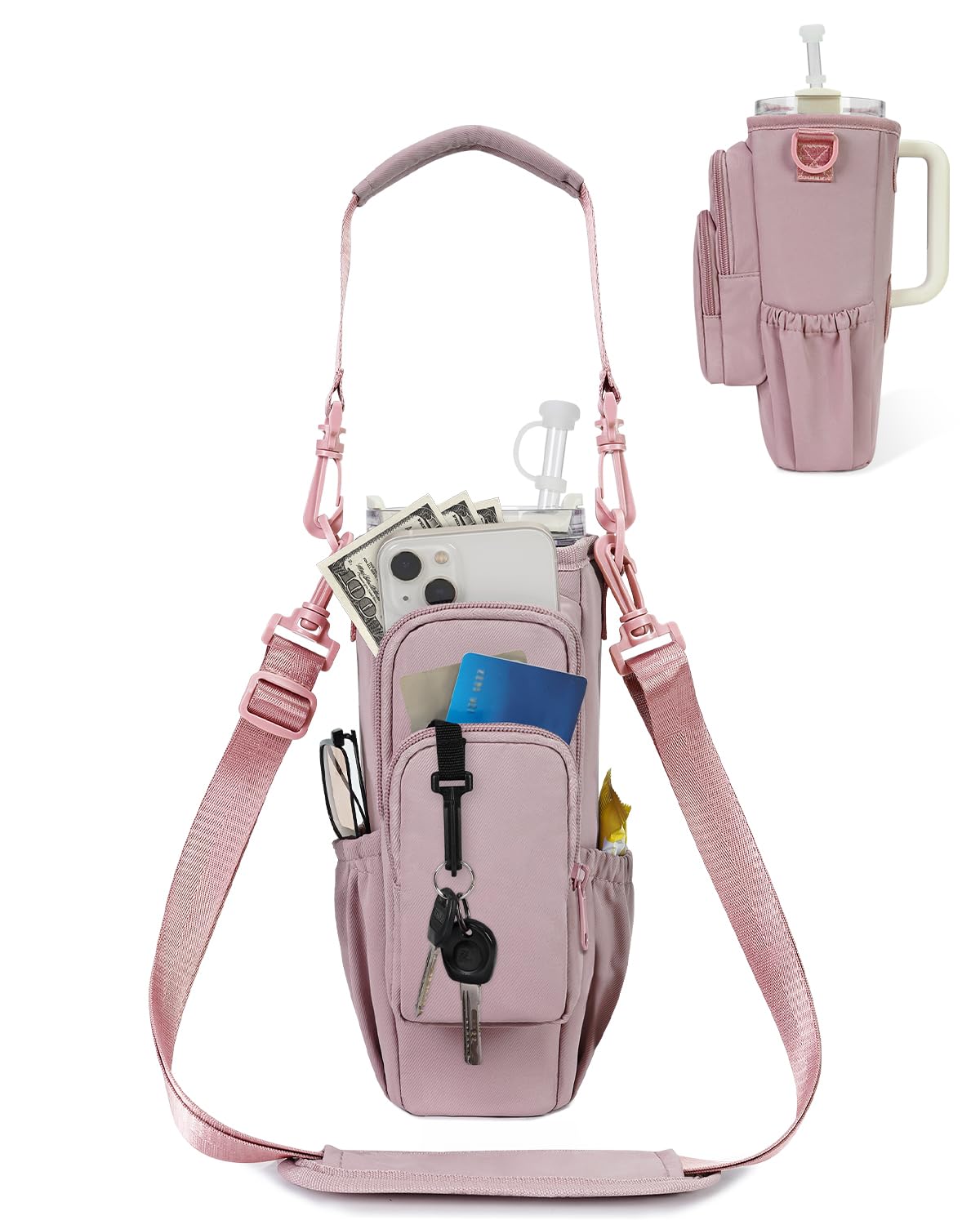 sportsnew 40oz Water Bottle Carrier Bag, Insulated Tumbler Holder with Phone Pocket & Adjustable Strap, Compatible with Stanley Cup, Leak-Resistant Bottle Pouch with Straw Cover