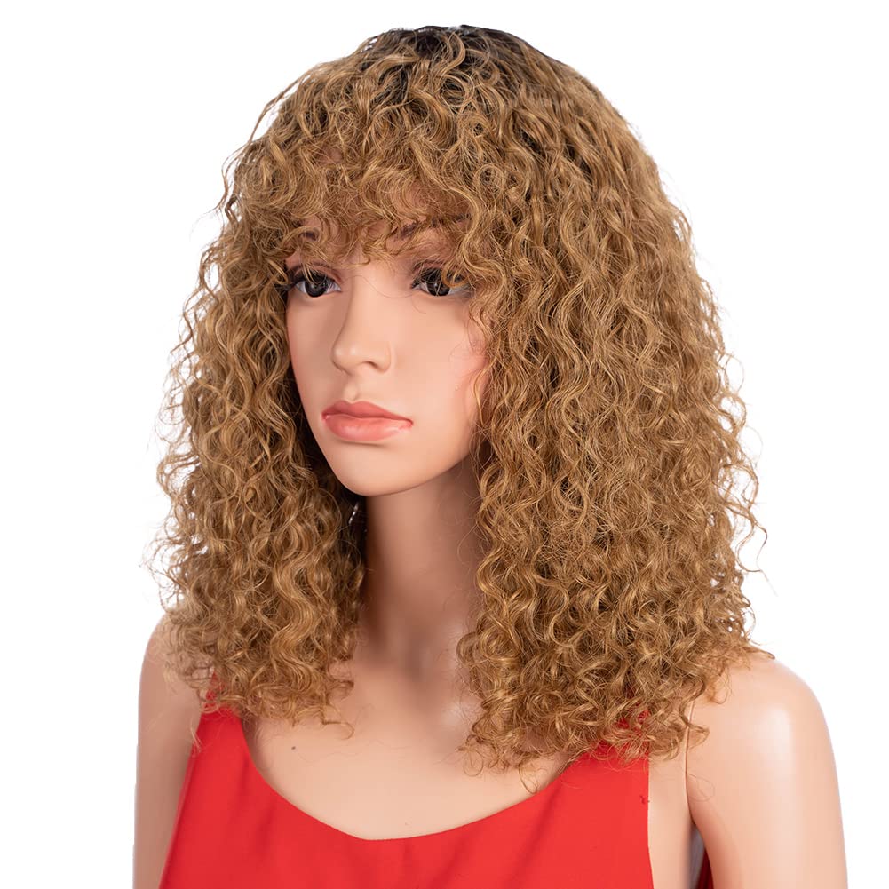 Spotlight Short Kinky Curly Wigs 14 inch Bob Loose Wave Human Hair Wigs for Women Brazilian Virgin Human Hair Wigs with Bangs Natural Looking (Ombre Blonde, TT2/27)