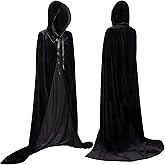 YIHELU Halloween Cloak with Hood Halloween Costumes, Long Velvet Hooded Cape for Unisex Adults, Black Cloak Hooded for Party Cosplay Vampire Witch