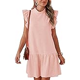 AIWUFLY Women’s Ruffle Sleeve Mini Dress Summer Casual Crewneck Flowy A Line Short Babydoll Dress with Tiered Hem Lightweight Pullover Sundress Pink M