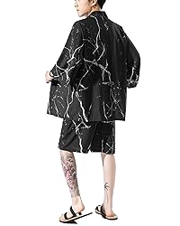 Ambcol Men's Japanese Style Kimono Tops Shorts Sets