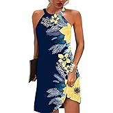 Kubsid Halter Dresses for Women 2025 Casual Floral Print Summer Dresses Hollow Out A-line Sundresses for Beach Vacation Size L Blue Yellow Flowers