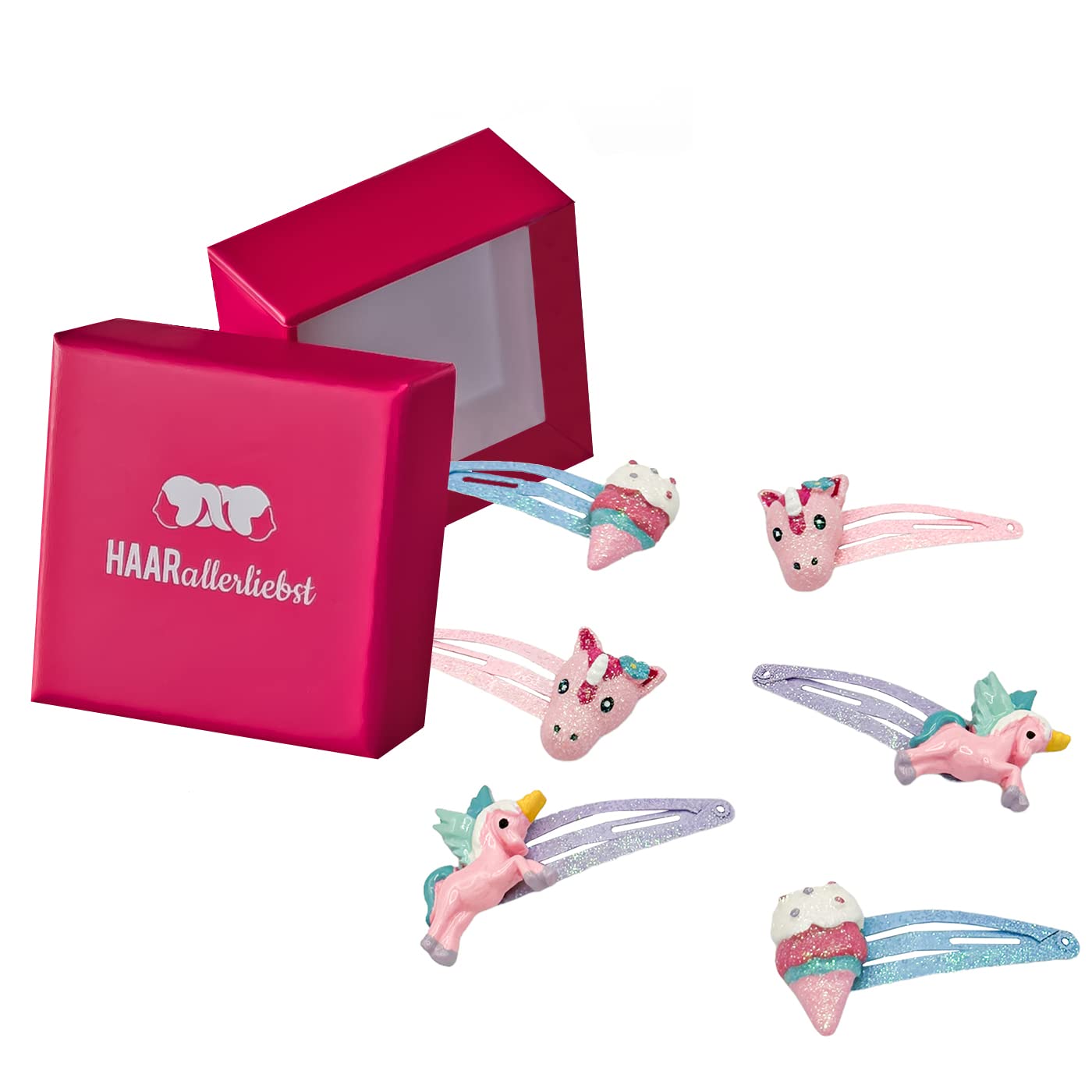 HAARallerliebst Hair Clips Set (6 Pieces | Glitter Butterflies | Colourful) for Girls with Storage Box (Ice Cream - Box Pink)