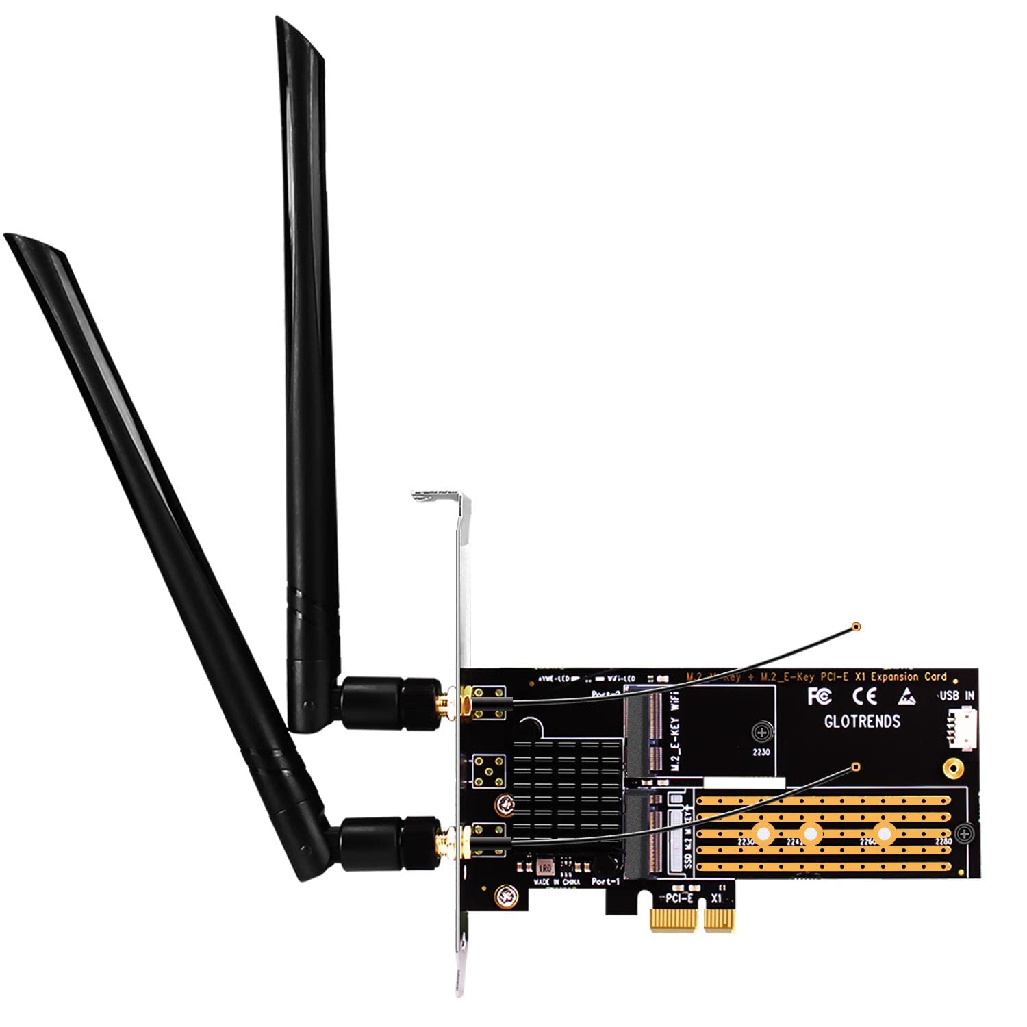 GLOTRENDS WA05 PCIe X1 Adapter for one M.2 Key-E WiFi Module and one M.2 NVMe SSD, 2 in 1 Combo Design