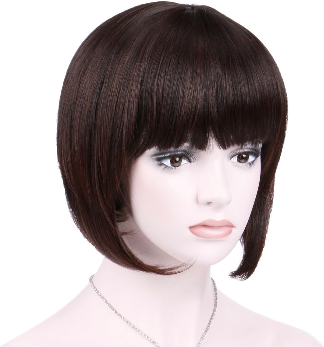 KeeWig Synthetic Brown Bob Wig with Bangs Short Straight Dark Brown with Dark Auburn Tips BOB #2T33
