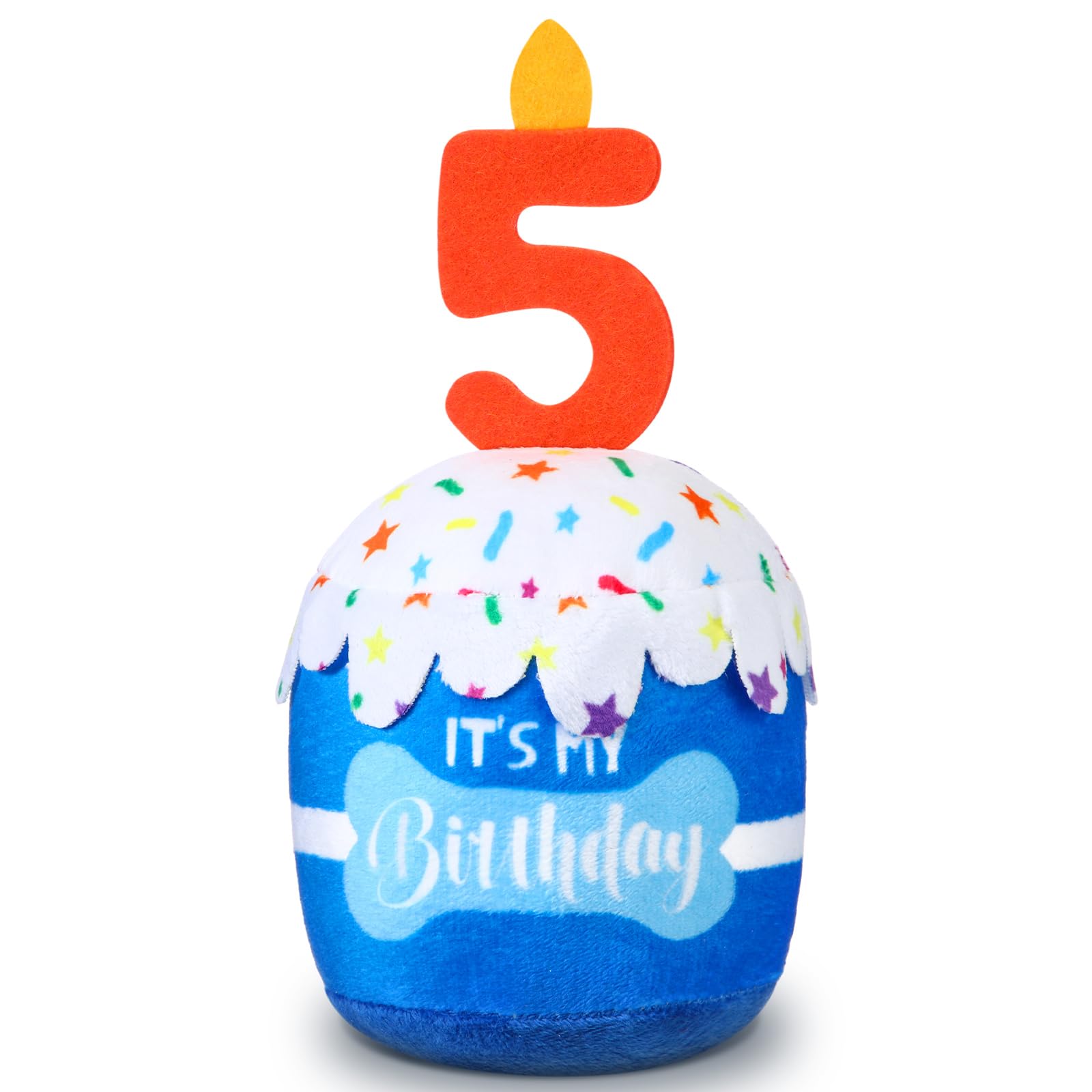 Photo 1 of Dansydaisy Dog 5th Birthday Cake Toy Accessories for Girl Boy Gifts, Blue Squeaky Plush Toy for Dog Birthday Party Decor Favor for Large, Medium and Small Dogs