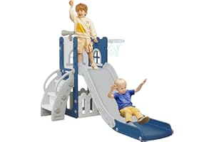 LulliSpace 6 in 1 Toddler Slide,Kids Climber Slider for Indoor Outdoor Playground with Basketball Hoop,Storage and Telescope,L Shaped Slide for Toddler Climber Playset