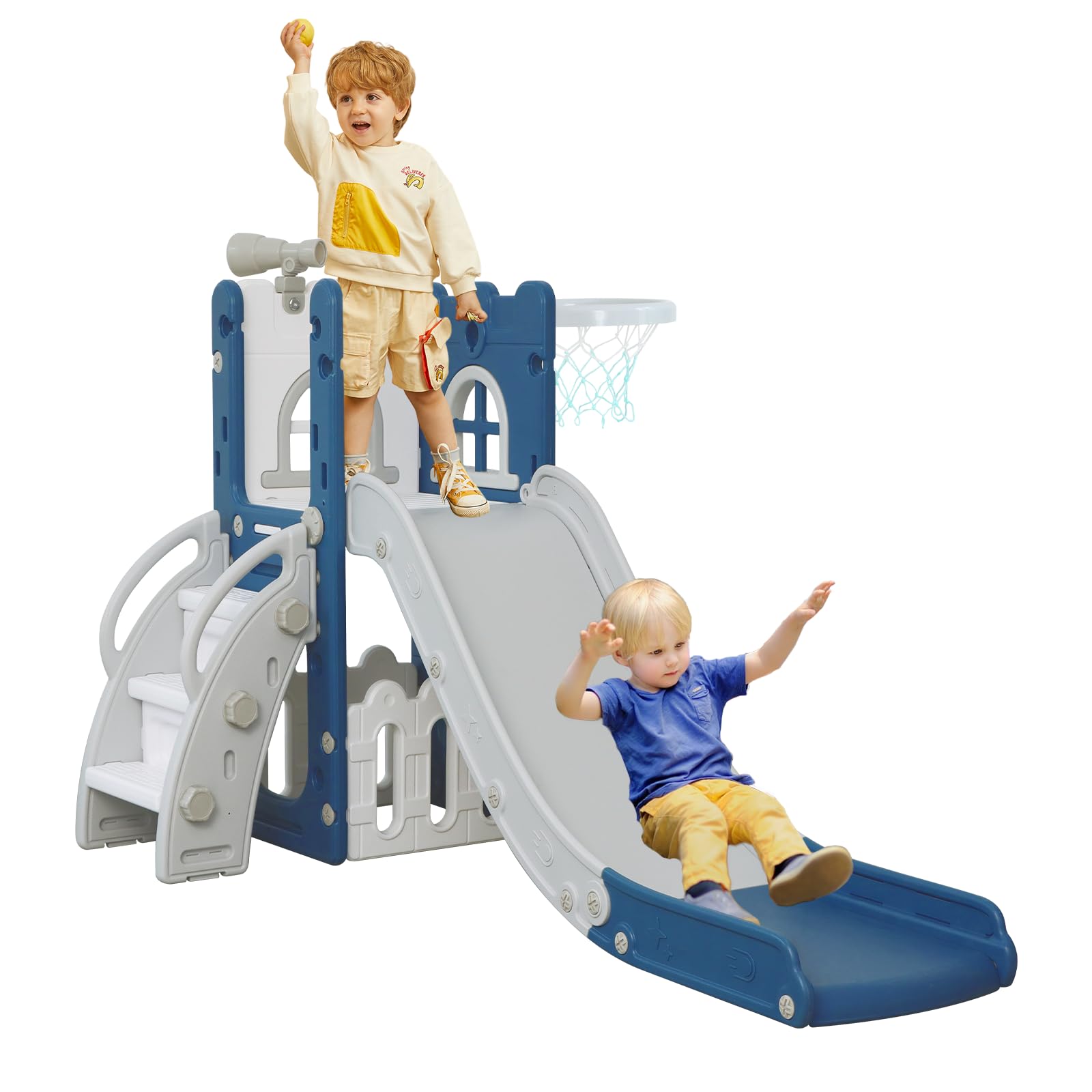 Photo 1 of LulliSpace 6 in 1 Toddler Slide for Toddler Age 1-3,Kids Climber Slider for Indoor Outdoor Playground with Basketball Hoop,Storage and Telescope,L Shaped Slide for Toddler Climber Playset
