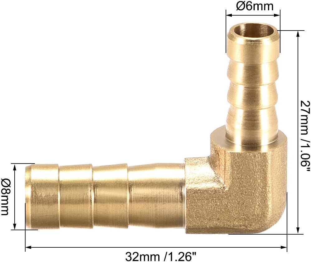 sourcing map 8mm to 6mm Barb Brass Hose Fitting 90 Degree Elbow Pipe Connector Coupler 4pcs, Gold, 8mm x 6mm - Image 3