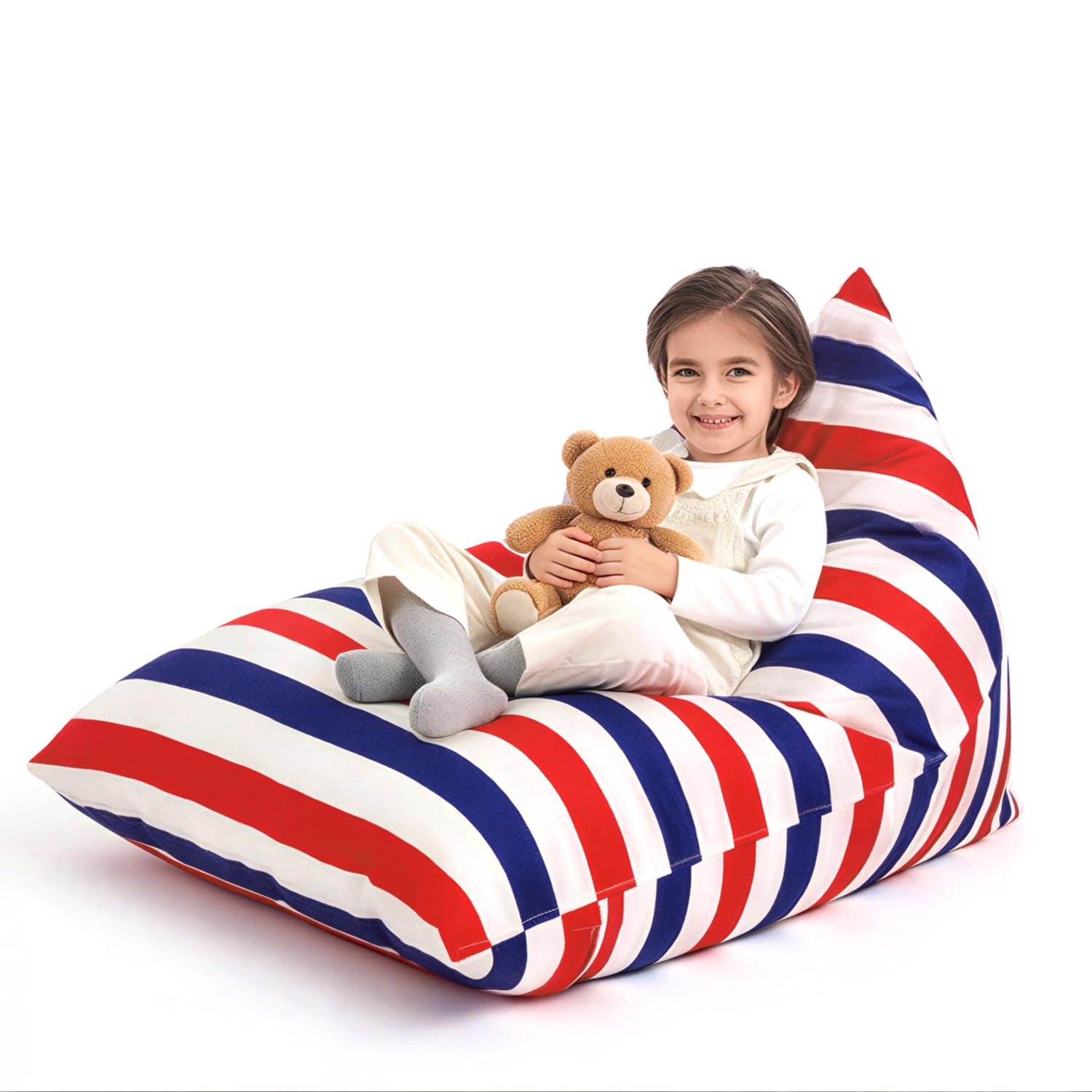 Nobildonna Stuffed Animal Storage Bean Bag Chair Cover Only for Kids and Adults, Extra Large Beanbag Without Filling Plush Toys Holder and Organizer- Premium Canvas 250L (Red and Blue Stripes)