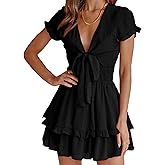 PRETTYGARDEN Women Summer Short Dress 2026 Casual V Neck Short Sleeve Tiered Bow Mini Sun Dresses Beach Vacation Sundress