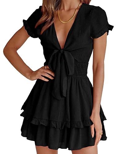 PRETTYGARDEN Women Summer Short Dress 2025 Casual V Neck Short Sleeve  Tiered Bow Mini Sun Dresses Beach Vacation Sundress(Black,Large) in Dubai -  UAE