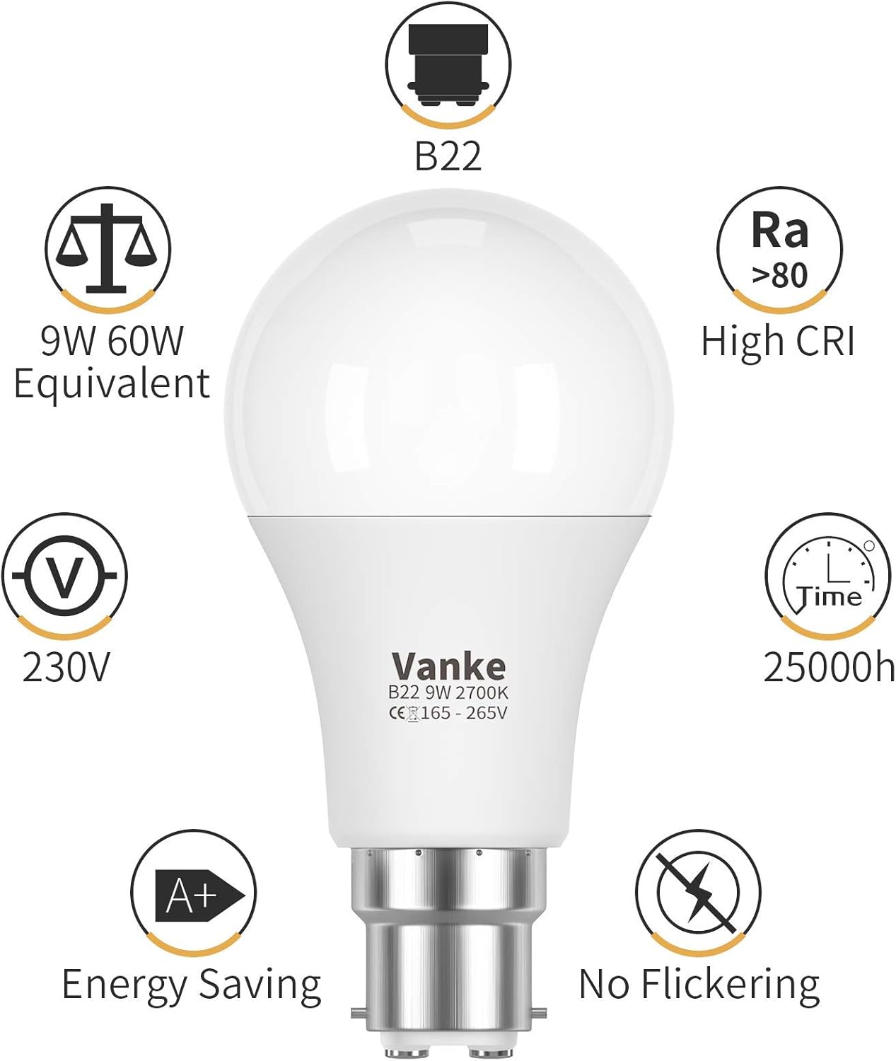 Vanke Bayonet Light Bulb 60w Equivalent, B22 LED Bulbs Warm White 2700K, Non-Dimmable 9w Energy Saver Lightbulb, 806 Lumen, 3-Pack - Image 4