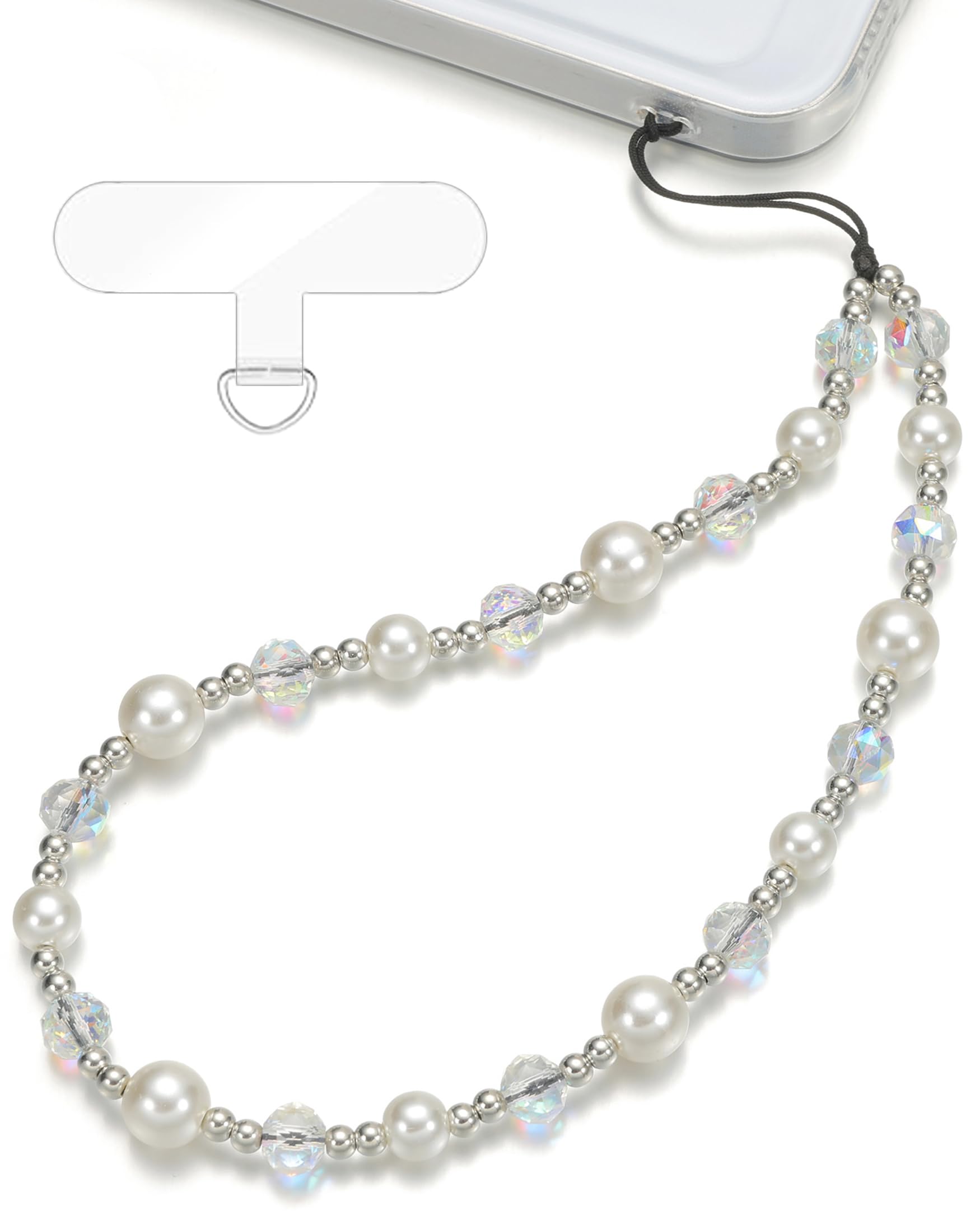 TRBR Crystal and Pearl Phone Charm Wrist Strap, Beaded Lanyard Wristlet Chain, Hands-Free Bracelet Strap for iPhone & More Cases (Crystal+Pearl)